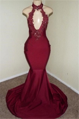 Burgundy Halter Appliques Backless Sexy Mermaid Prom Dresses_1