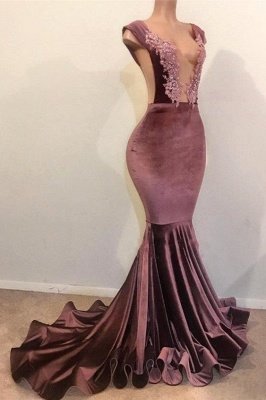 Sexy Mermaid Sleeveless Floor Length Appliques Velvet Prom Dresses_3