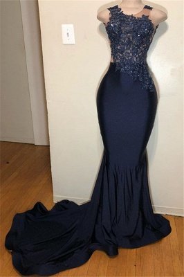 Dark Blue Straps Sleeveless Applique Mermaid Prom Dress_1