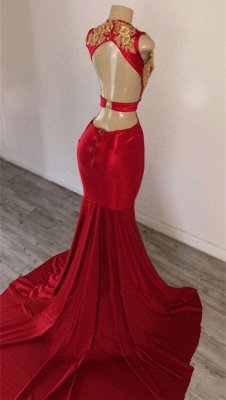 Burgundy Straps Appliques Backless Sexy Mermaid Prom Dresses_2