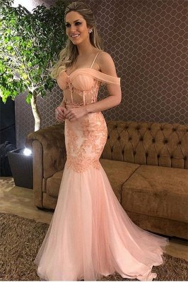 Gorgeous Pink Off-The-Shoulder Applique Mesh Sexy Mermaid Prom Dress_1