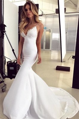 Gorgeous Spaghetti-Straps Applique Mermaid Wedding Dress_1