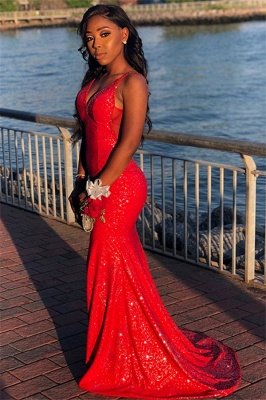 Gorgeous Red Sequins Sexy Mermaid Spaghetti-Straps Long Prom Dresses_2