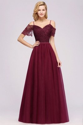 A-Line  Lace Sweetheart Spaghetti Straps Short-Sleeves Floor-Length Bridesmaid Dresses with Ruffles_2