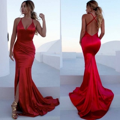 V-neck Spaghetti Sleeveless Sexy Mermaid Front Slit Prom Dresses_3