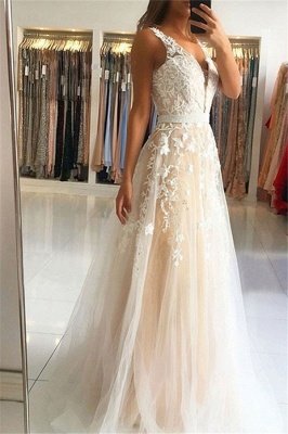Deep V-neck A-Line Tulle Backless Appliques Lace Floor-length Prom Dress_1