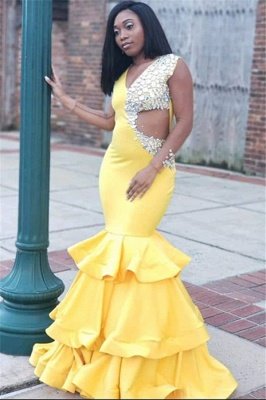 Gorgeous Yellow Straps V-Neck Crystal Ruffle Sexy Mermaid Prom Dress_1