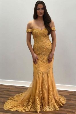 Yellow Off-The-Shoulder Appliques  Sexy Mermaid Prom Dresses_1