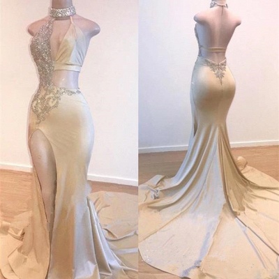 Crystal Halter Side Slit Prom Dresses | A-Line Backless Sleeveless Evening Dresses_2