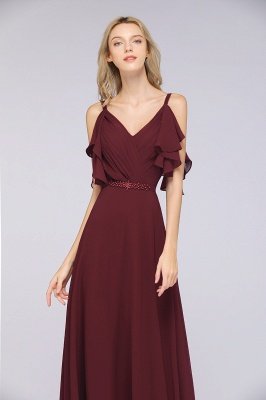 A-Line V-Neck Straps Sleeveless Ruffles Floor-Length  Bridesmaid Dress with Pearls_3