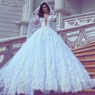 Long Sleeves Lace Ball-Gown Stylish Court-Train V-neck Wedding Dress_4