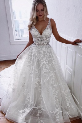 Glamorous A-line Spaghetti Straps V-Neck Lace Wedding Dresses_1