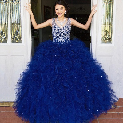 Attractive Blue V-neck Beadings Sleeveless Sweet 16 Dresses | Appliques Ruffles Ball Gown Quince Dresses Long_1