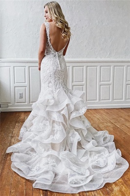 Glamorous Straps Ruffled Lace Mermaid Wedding Dresses_2