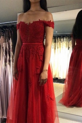 Elegant A-line Off-The-Shoulder Prom Dresses with Lace Appliques_2