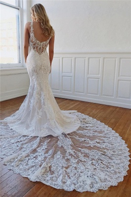 Alluring Straps Lace Appliques Crystal Mermaid Wedding Dresses_3