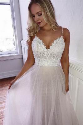 Elegant A-line V-neck Spaghetti Straps Wedding Dresses with Lace_1