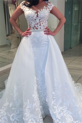 White A-Line Lace Cap-sleeve Romantic Wedding Dresses_2