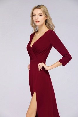 A-Line V-Neck Long-Sleeves Side-Slit Floor-Length Spandex Bridesmaid Dress with Ruffles_33