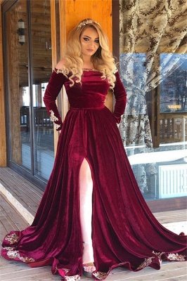 Elegant Off-The-Shoulder Burgundy Velvet Evening Dresses_2