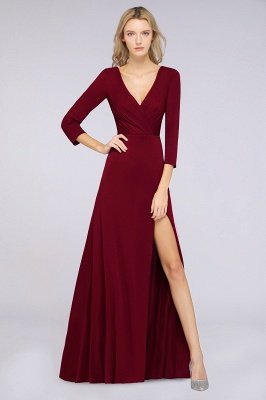 A-Line V-Neck Long-Sleeves Side-Slit Floor-Length Spandex Bridesmaid Dress with Ruffles_31