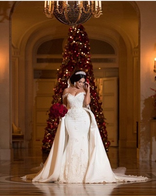 Off-the-Shoulder lace Appliques Wedding Dress with Detachable Train_4