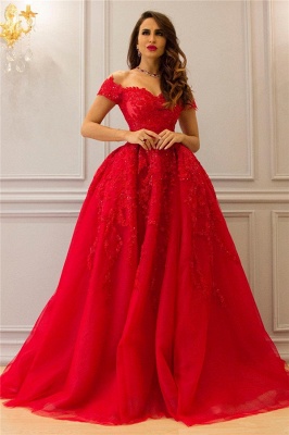 Tulle Lace Off-the-Shoulder Sweetheart Red Evening Dress_1