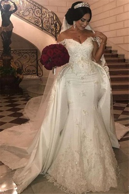 Off-the-Shoulder lace Appliques Wedding Dress with Detachable Train_1