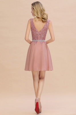 Cute Deep V-neck Knee Length Belt Beaded Short Homecoming Dresses_15