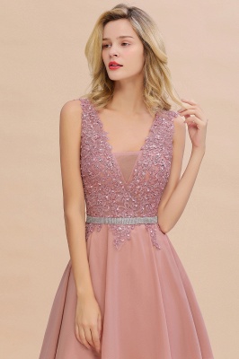 Cute Deep V-neck Knee Length Belt Beaded Short Homecoming Dresses_14