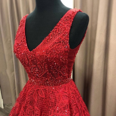 Charming V Neck Sleeveless Prom Dress | Affordable Red Lace Beading Long Prom Gown_2