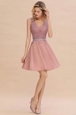 Cute Deep V-neck Knee Length Belt Beaded Short Homecoming Dresses_13