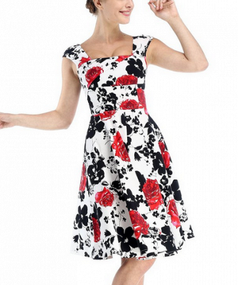 Fascinating Square A-line Knee-Length Floral Dresses | Cap-Sleeves Women's Dresses_3