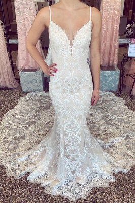 mermaid lace wedding dress with spaghetti straps