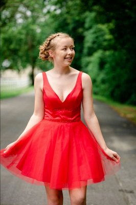 Simple V Neck Straps Red Homecoming Dress | A Line Tulle Sleeveless Beading Short Cocktail Dress_1