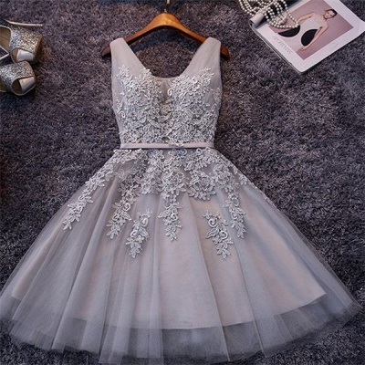 Elegant Silver Homecoming Dresses Lace Beaded  Puffy Hoco Dress_2