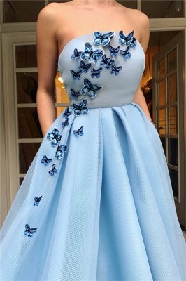 Simple Strapless Sleeveless Blue Tulle Prom Dress | Chic Ruffles Long Prom Dress with Butterfly_2