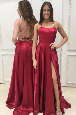 Long Sexy Side-Slit A-Line Red Criss-Cross-Straps Prom-Dresses Evening Dresses_2