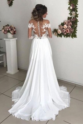Exquisite A-Line Chiffon Lace See Through Neck Long Sleeves Wedding Dresses_2