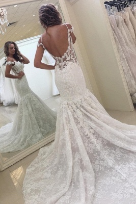White Off-the-shoulder Mermaid Lace Modern Wedding Dress_2