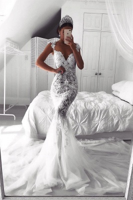 Sexy Lace Mermaid Wedding Dresses | See-Through Cap Sleeves Bridal Gowns_2