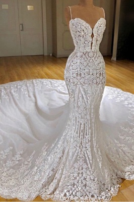Gorgeous Lace Mermaid Wedding Dresses | Spaghetti Straps Fit and Flare Bridal Gowns_3
