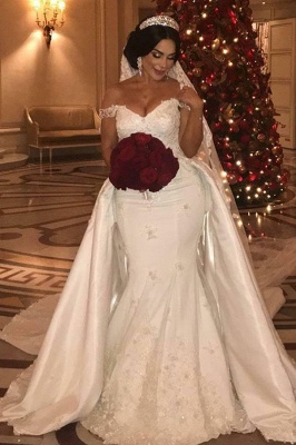 Off-the-Shoulder lace Appliques Wedding Dress with Detachable Train_2