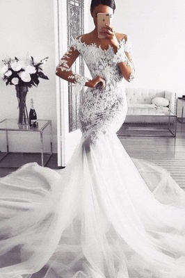 Sexy Mermaid Lace Wedding Dresses | Glamorous Off Shoulder Long Sleeves Bridal Gowns_2