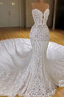 Gorgeous Lace Mermaid Wedding Dresses | Spaghetti Straps Fit and Flare Bridal Gowns_2