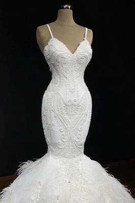 Elegant Spaghetti-Straps Fur Appliques Sexy Mermaid Wedding Dress_1