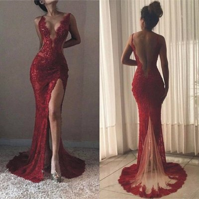 Front-Split Mermaid Sexy Lace V-neck Sleeveless Prom Dress_3