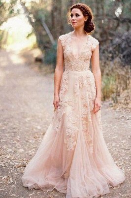 Elegant Tulle  Sleeveless Sweep Train Applique V-neck Wedding Dresses_2