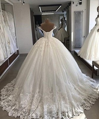 Charming Sweep Train Off the Shoulder Sweetheart Ball Gown Tulle Lace Wedding Dresses_2
