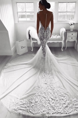 Sexy Lace Mermaid Wedding Dresses | See-Through Cap Sleeves Bridal Gowns_3